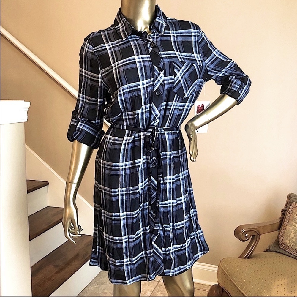 Woman’s Blue Plaid Long Sleeve Tie Waist Mini Tunic Shift Shirt Dress
